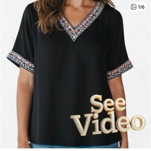 👛 (ANY 2/$25) Roomy Medium CUPSHE Short Sleeve V-Neck Embroidered Trim Top NWT